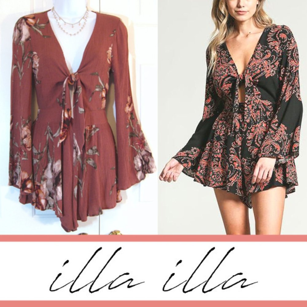 Illa Illa | Tie Front Bell Sleeve Floral Romper